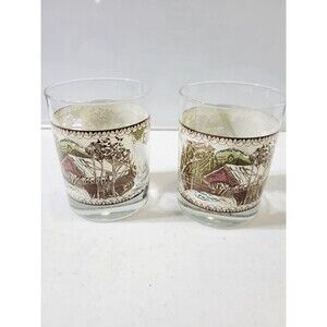 2 Johnson Brothers Friendly Village Covered Bridge Weighted Old Fashion Glasses
